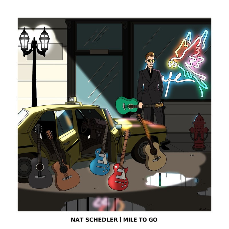 Nat Schedler Mile To Go yellow taxi outside a bar with a line of guitars leaning up