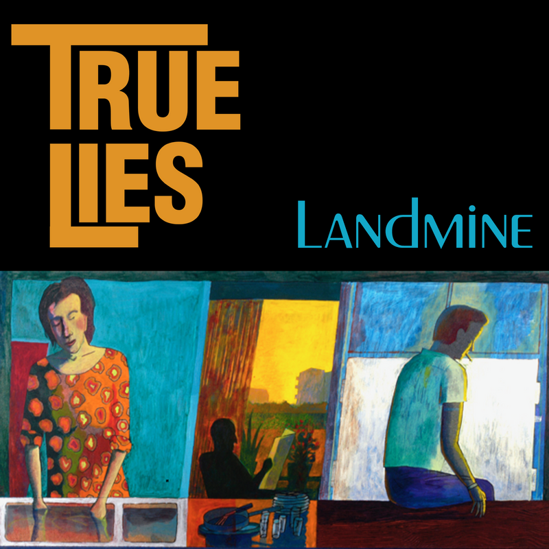 True Lies Landmine art-deco paintings of a thinking woman, a man reading, and a man looking out the window